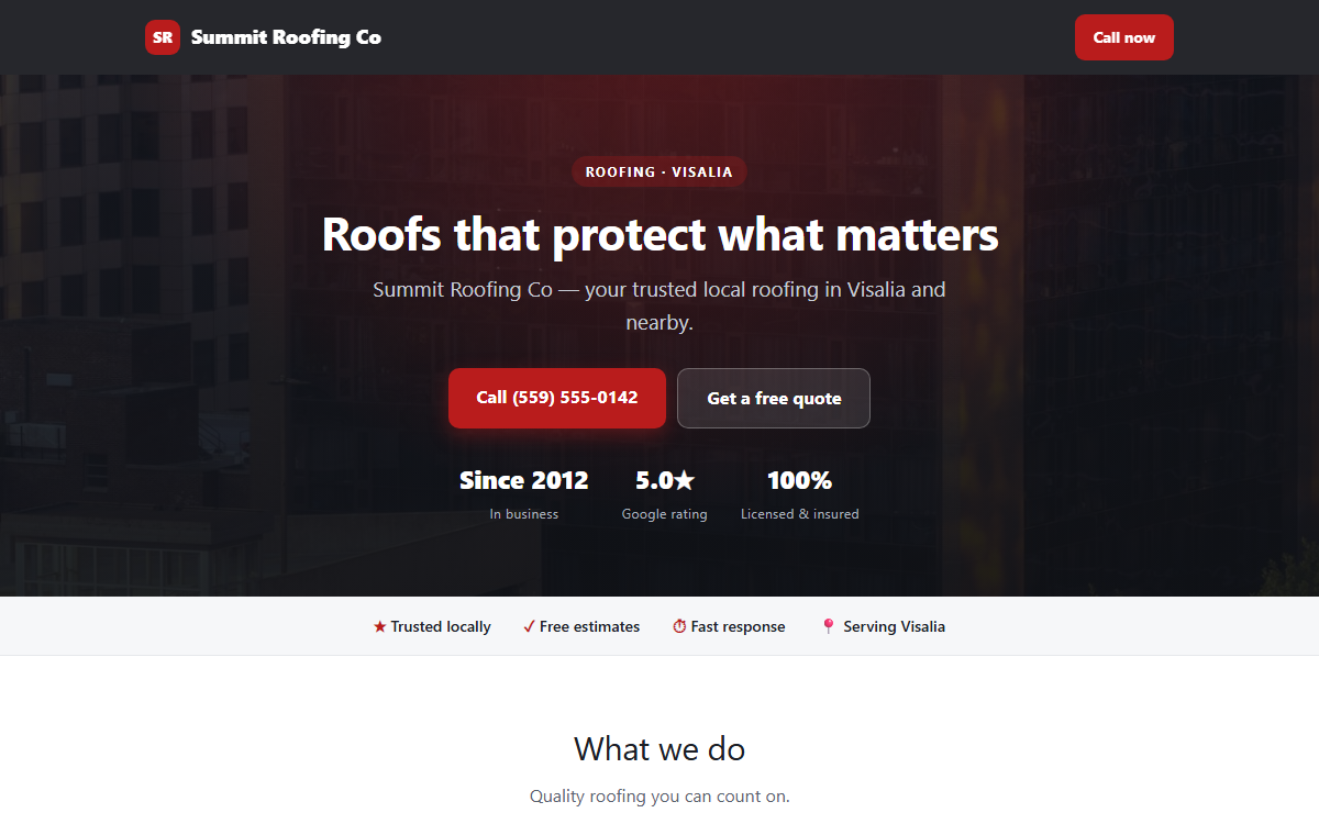 Roofing company website sample